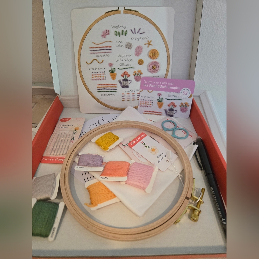 Clever Poppy Beginner Pot Plants Stitch Sampler Embroidery Kit with Hoop